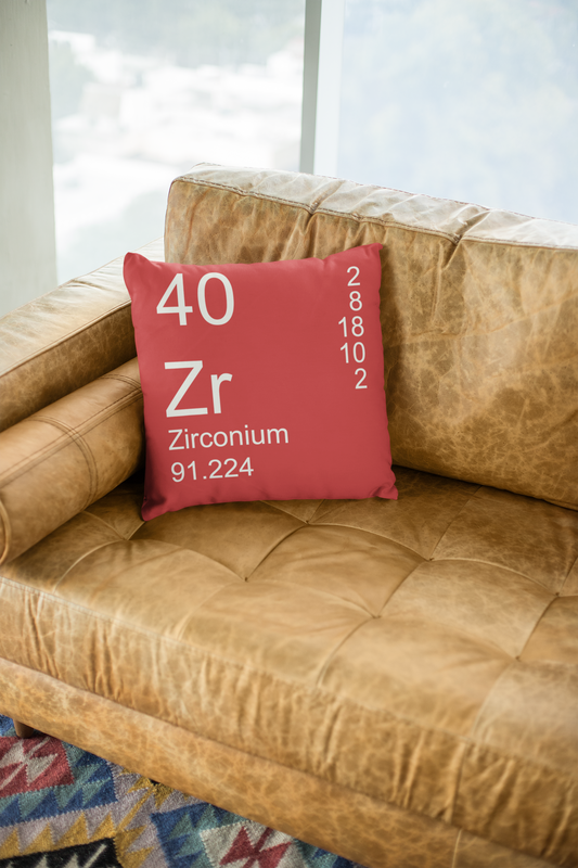 The Periodic table of elements pillow - Red Zirconium Element Pillow on Tan Couch