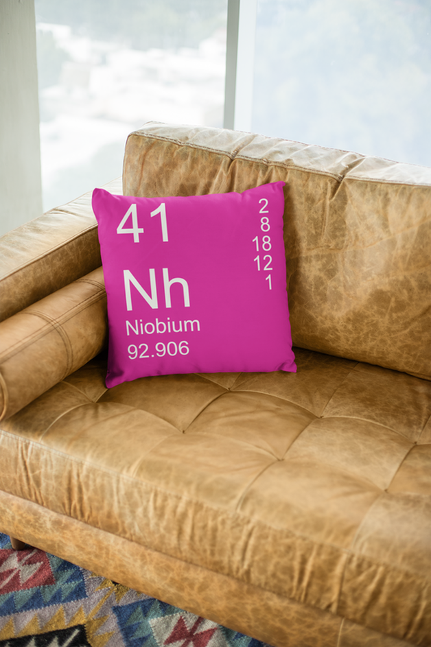 Pink Niobium Element Pillow on Leather Couch